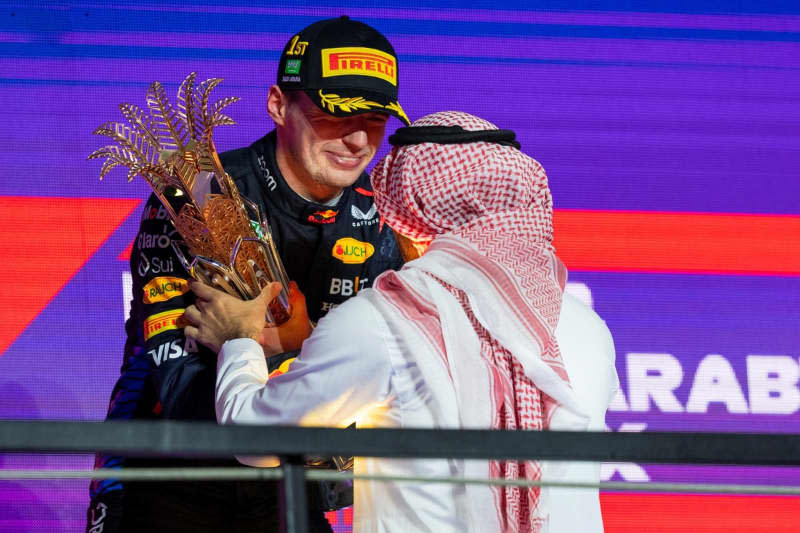 Dutch Formula 1 driver Max Verstappen of the Oracle Red Bull team celebrates with the trophy on the podium after the Formula 1 Saudi Arabia Grand Prix at the Jeddah Corniche Circuit. Mohammed Almsaad/Saudi Press Agency/dpa