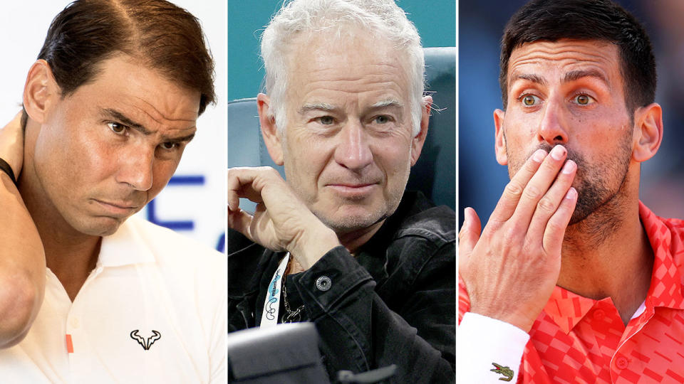 Pictured middle is tennis great John McEnroe, with Rafa Nadal on left and Novak Djokovic on right.