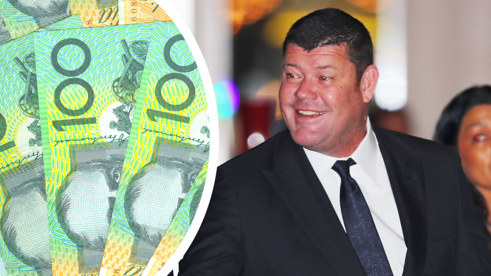 Former executive chair of Crown Resorts James Packer and Australian $100 notes.