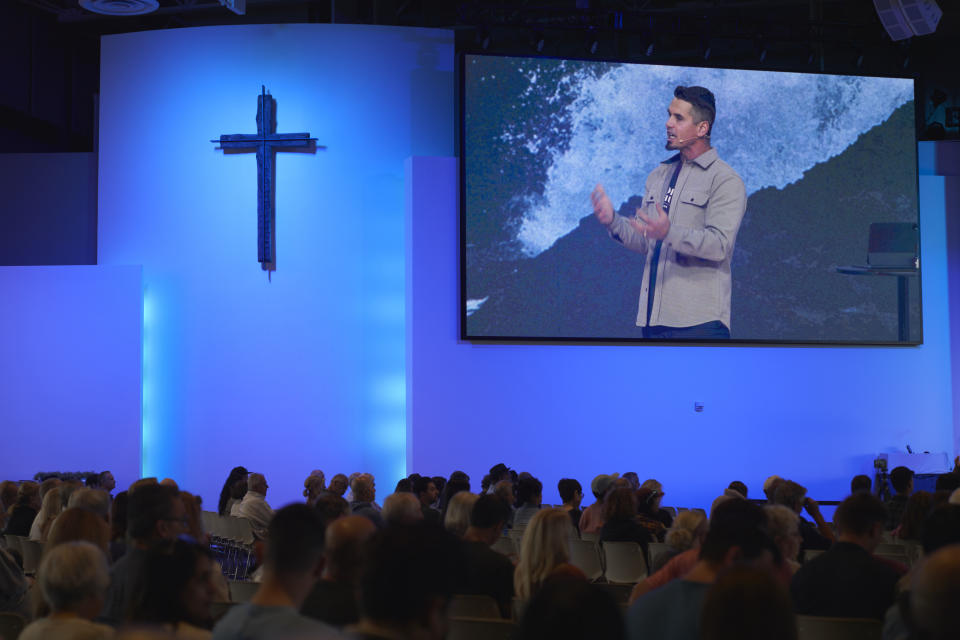 Pastor Andy Wood gives a sermon on Sunday, Oct. 16, 2022, at Saddleback Church in Lake Forest, Calif. Wood was recently announced as founding Pastor Rick Warren's successor to the church, which is the second largest in the Southern Baptist Convention, regularly drawing in about 2,500 people with more online every Sunday. (AP Photo/Allison Dinner)