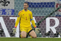 Germany's goalkeeper Manuel Neuer reacts after receiving a goal during the World Cup group E soccer match between Costa Rica and Germany at the Al Bayt Stadium in Al Khor , Qatar, Thursday, Dec. 1, 2022. (AP Photo/Martin Meissner)
