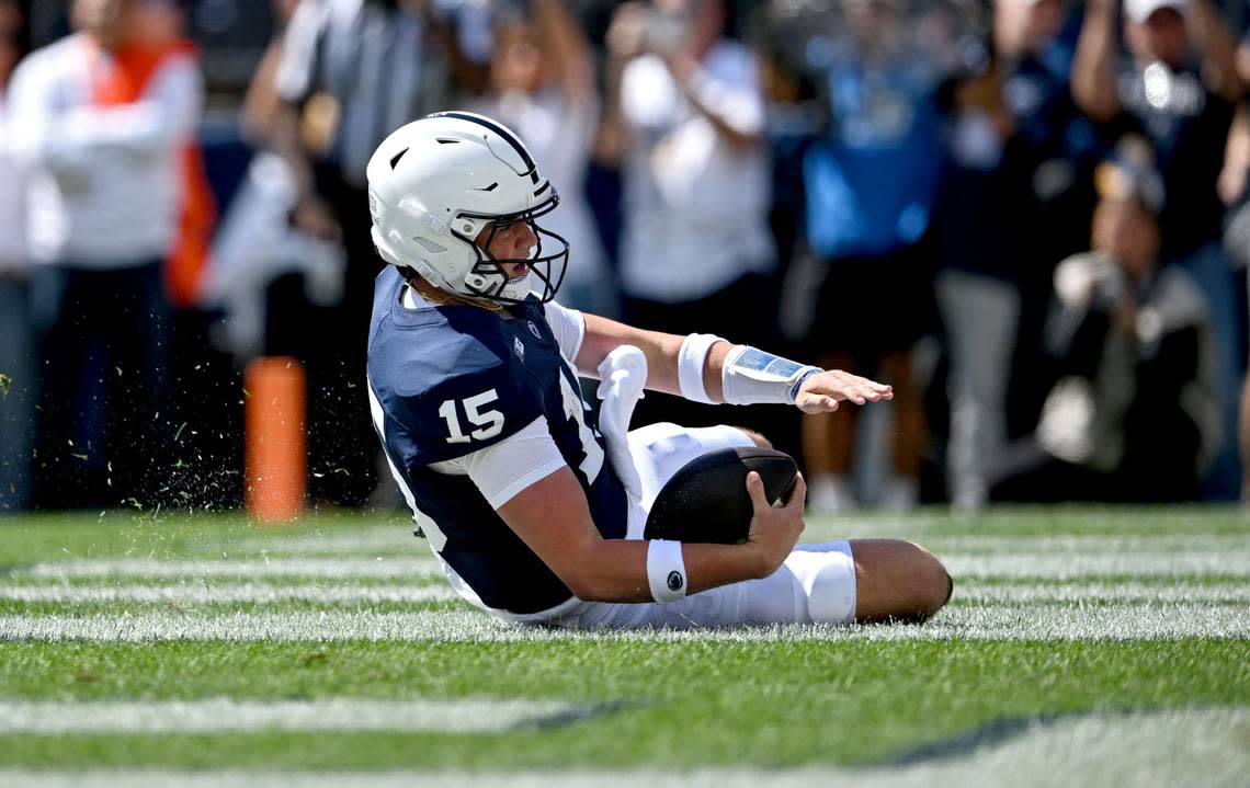 Penn State quarterback Drew Allar slides into the end zone for a touchdown during the game on Saturday, Sept. 7, 2024.