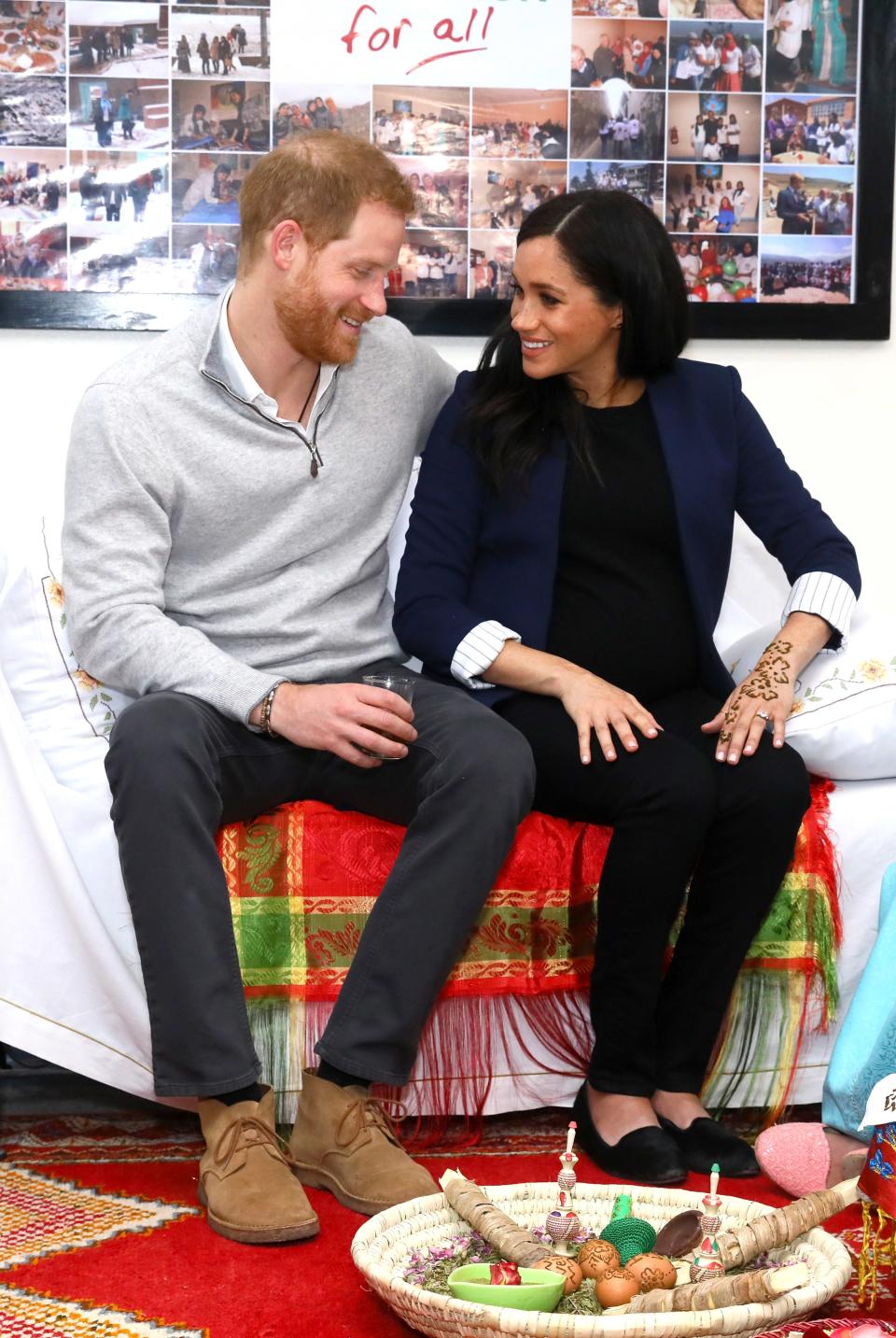 During Meghan and Harry's Morocco tour, the mom-to-be <a rel="nofollow noopener" href="https://people.com/royals/meghan-markle-henna-tattoo-morocco-tour-prince-harry/" target="_blank" data-ylk="slk:received a natural henna tattoo;elm:context_link;itc:0;sec:content-canvas" class="link ">received a natural henna tattoo</a> to wish her well for the rest of her pregnancy and birth. "It’s for when we have a big party,” said Khadeja Oukattou, one of the women who hosted the event. “Now she is pregnant we do the henna to keep her happy with with the baby. For good luck.”