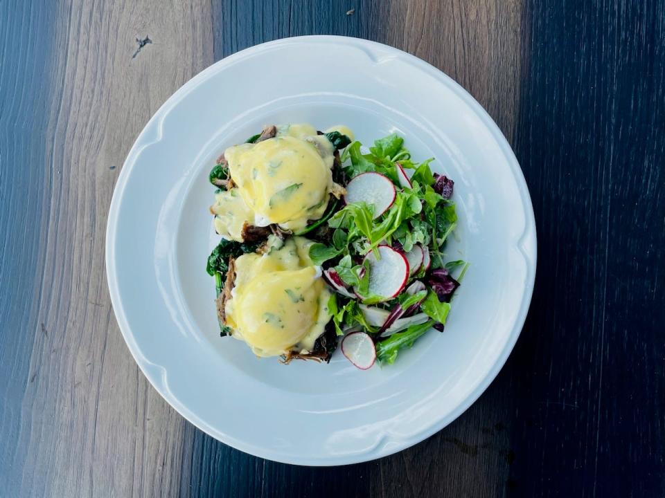 The duck confit eggs Benedict with toasted artisan sourdough, poached eggs, duck confit and hollandaise is one of two specials available on Mother's Day at Louie Bossi's.