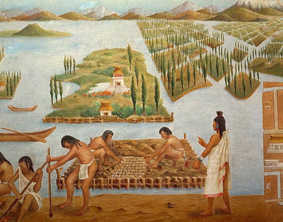 Pintura del sistema de chinampas durante la fundación de Tenochtitlan. 