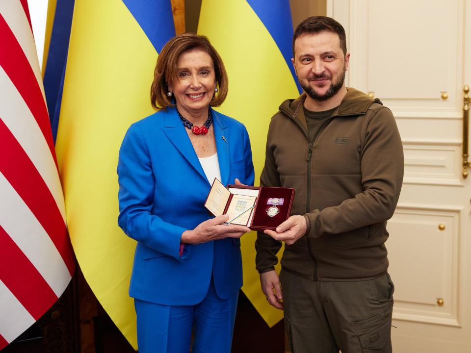 Zelenskyy sported the jacket when he met US Speaker of the House Nancy Pelosi during a visit by a US congressional delegation on April 30, 2022 in Kyiv, Ukraine.