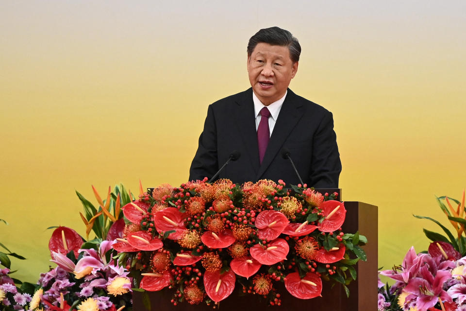 China's President Xi Jinping gives a speech following a swearing-in ceremony to inaugurate the city's new leader and government in Hong Kong, China, July 1, 2022, on the 25th anniversary of the city's handover from Britain to China.  Selim Chtayti/Pool via REUTERS