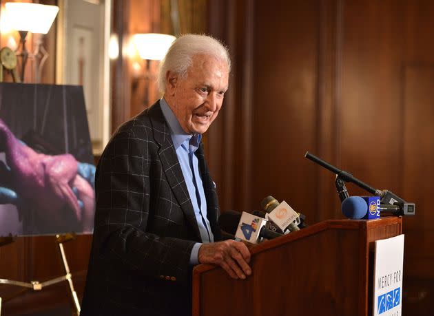 Barker speaks at a press event held by the nonprofit Mercy for Animals in Los Angeles on June 17, 2015.