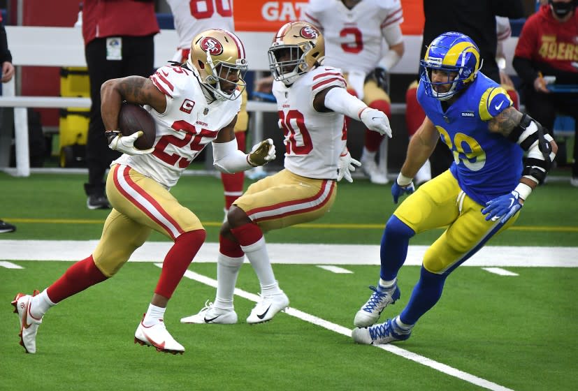 INGLEWOOD, CALIFORNIA NOVEMBER 29, 2020-49ers Ricard Sherman runs back an interception.