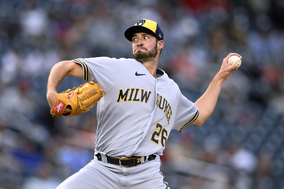 Milwaukee Brewers starting pitcher Aaron Ashby throws during the second inning of the team's baseball game against the Washington Nationals, Friday, June 10, 2022, in Washington. (AP Photo/Nick Wass)