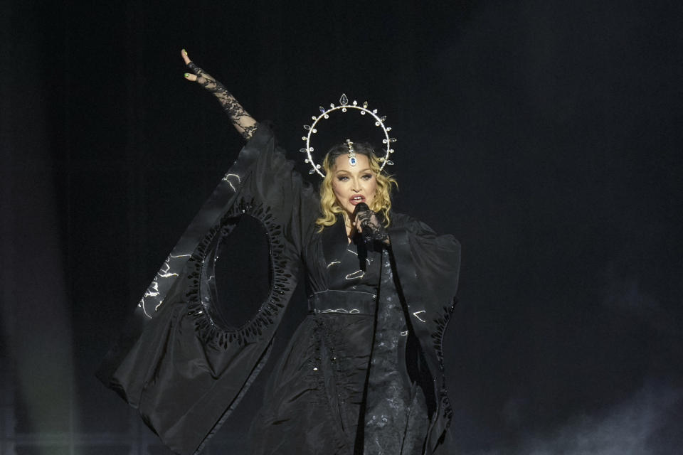 Madonna performs in the final show of her The Celebration Tour, on Copacabana Beach in Rio de Janeiro, Brazil, Saturday, May 4, 2024. (AP Photo/Silvia Izquierdo)