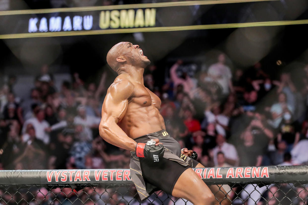 JACKSONVILLE, FL - APRIL 25: Kamaru Usman of Nigeria celebrates his victory over Jorge Masvidal of the United States during the Welterweight Title bout of UFC 261 at VyStar Veterans Memorial Arena on April 25, 2021 in Jacksonville, Florida.  (Photo by Alex Menendez/Getty Images)