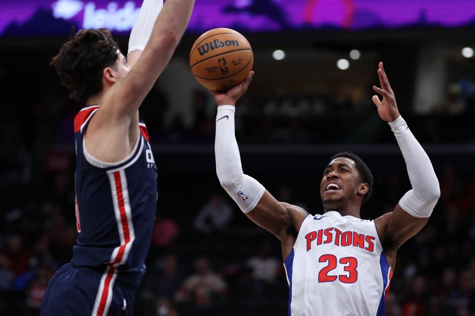 Pistons guard Jaden Ivey shoots over the Wizards' Deni Avdija during the second half of the Pistons' 129-117 win on Monday, Jan. 15, 2024, in Washington.