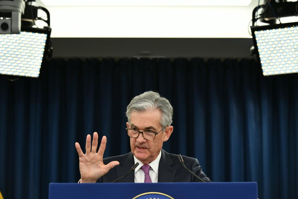 Federal Reserve Board Chair Jerome Powell speaks during a press conference after a Federal Open Market Committee meeting in Washington, DC, on May1, 2019. - The US Federal Reserve decided Wednesday to keep its benchmark interest rate unchanged amid mixed signals about the direction of the US economy. (Photo by MANDEL NGAN / AFP)        (Photo credit should read MANDEL NGAN/AFP/Getty Images)