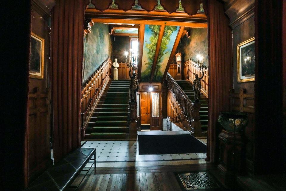 The main staircase at Chateau-sur-Mer, the oldest of the stone Newport mansions used in "The Gilded Age." It played at least four different buildings in New York and Newport in Season 1 and will have some new scenes in the coming season.