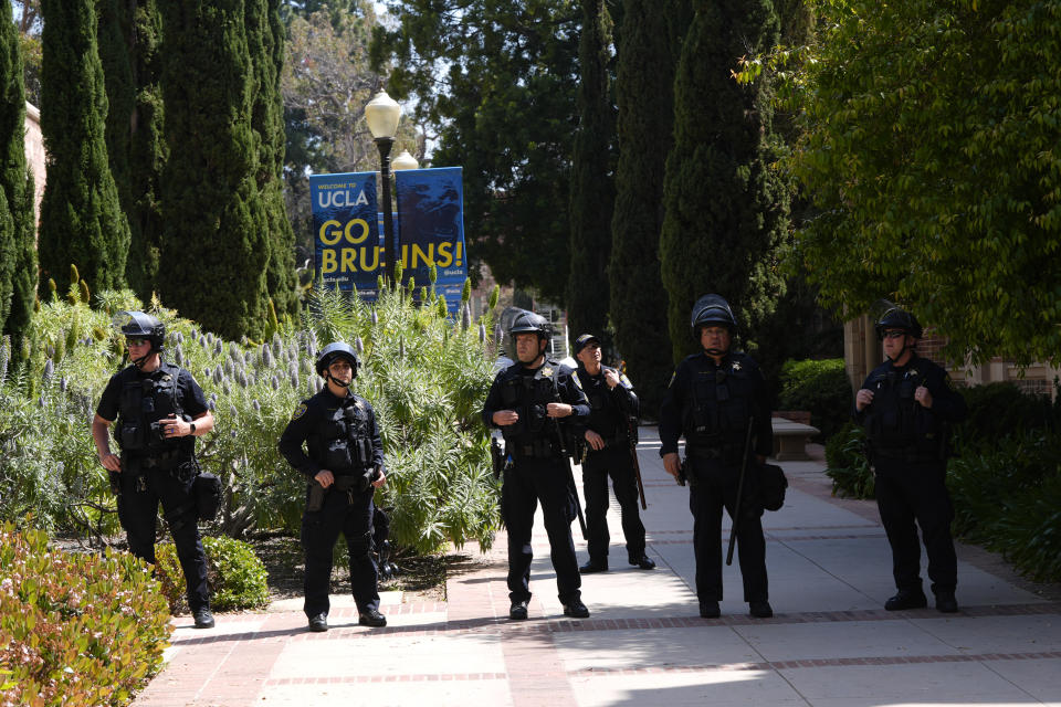 FILE - Police stage on the UCLA campus after nighttime clashes between pro-Israel and pro-Palestinian groups, Wednesday, May 1, 2024, in Los Angeles. (AP Photo/Jae C. Hong, File)