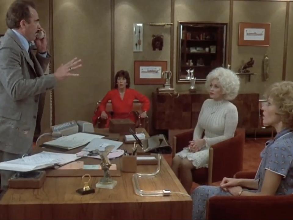 Lily Tomlin, Dolly Parton, and Jane Fonda in character in "9 to 5."