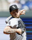 Chicago White Sox pitcher Garrett Crochet throws from the mound during the first inning of a baseball game against the Kansas City Royals in Kansas City, Mo., Sunday, April 7, 2024. (AP Photo/Colin E. Braley)