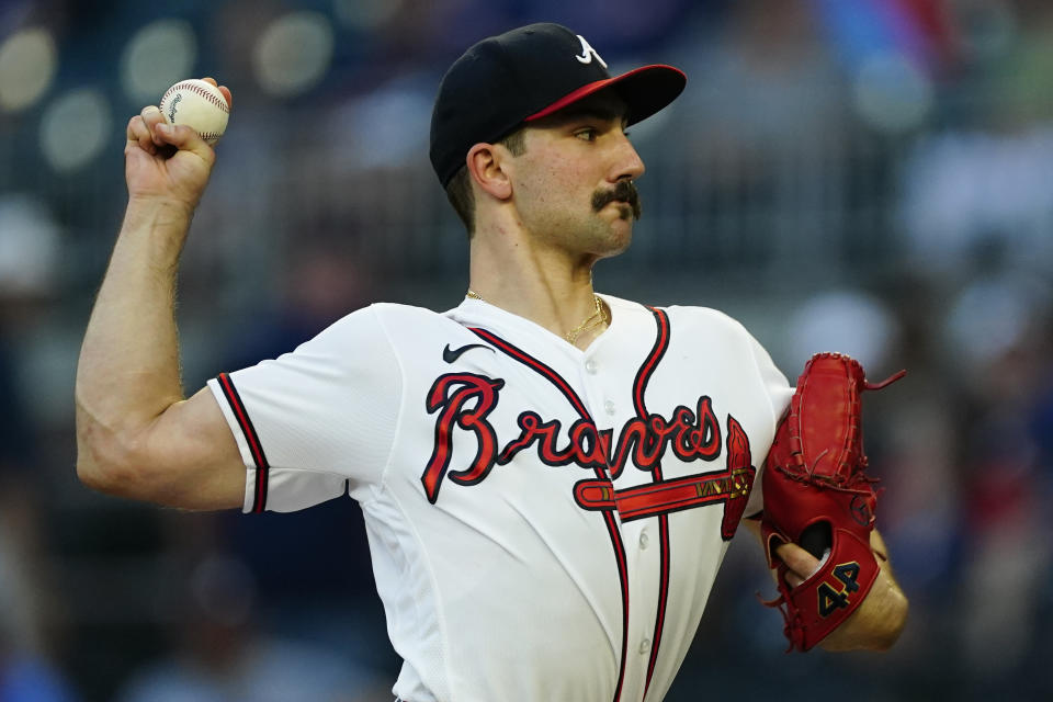 Atlanta Braves starting pitcher Spencer Strider throws to a Colorado Rockies batter during the first inning of a baseball game Thursday, Sept. 1, 2022, in Atlanta. (AP Photo/John Bazemore)