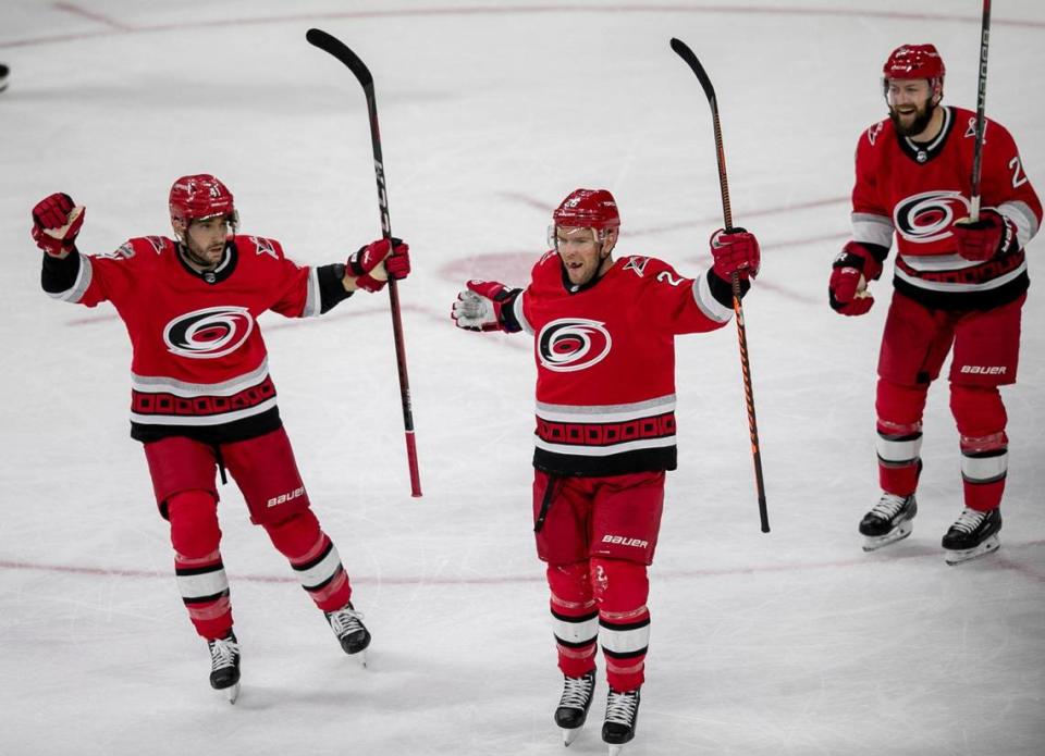 The Carolina Hurricanes Paul Stastny (26) reacts after scoring on New York Islanders goalie Ilya Sorokin (30) in the second period during Game 5 of their Stanley Cup series on Tuesday, April 25, 2023 at PNC Arena in Raleigh, N.C.