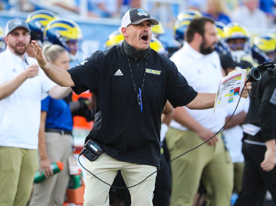 Delaware head coach Danny Rocco protests a non-call for pass interference after a Hens incompletion in the endzone in the first quarter against St. Francis at Delaware Stadium Saturday, Sept. 11, 2021.