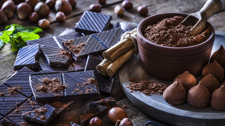 Cacao beans, bar, and powder