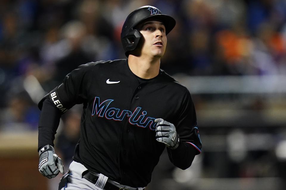 Miami Marlins' JJ Bleday watches his two-run home run during the third inning of the team's baseball game against the New York Mets on Tuesday, Sept. 27, 2022, in New York. (AP Photo/Frank Franklin II)