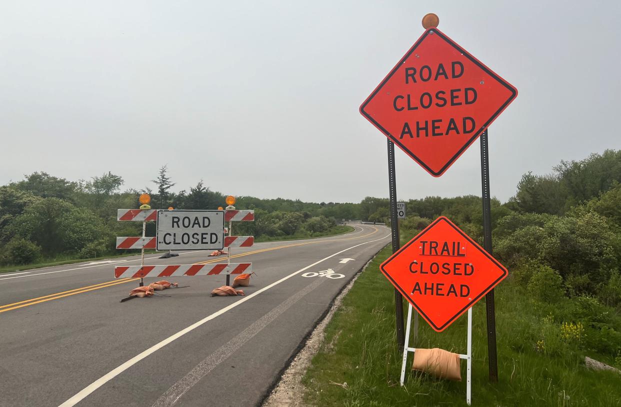 A road closed ahead sign, seen Thursday, May 18, 2023, off the Harlem Road entrance to Rock Cut State Park, will remain in place throughout the summer as road construction work continues inside the park.