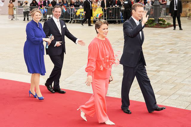 <p>Sylvain Lefevre/Getty</p> (From left) Princess Stephanie of Luxembourg and Prince Guillaume of Luxembourg, Grand Duchess Maria Teresa of Luxembourg, Grand Duke Henri of Luxembourg arrive for the civil ceremony of Princess Alexandra's wedding to Nicolas Bagory on April 22, 2023 at Luxembourg City Hall.