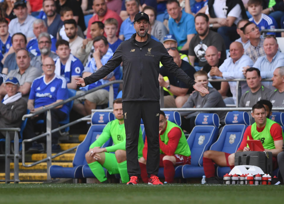 Jurgen Klopp reacts during the Premier League match between Cardiff City and Liverpool