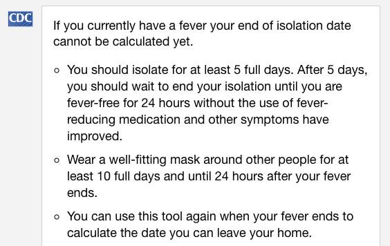 cdc isolation tool screenshot - if you have a fever cannot be calculated yet
