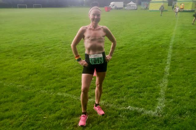 <p>Courtesy Louise Butcher</p> Louise Butcher runs marathons topless to "normalize mastectomy" surgery.