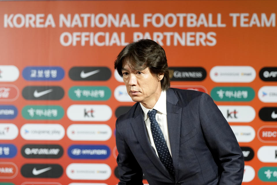 South Korea's national soccer team head coach Hong Myung-bo arrives for a press conference in Seoul, South Korea, Monday, Sept. 30, 2024. (AP Photo/Lee Jin-man)