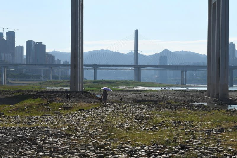 Una mujer camina por el lecho expuesto del río Yangtsé en un día caluroso en Chongqing, China