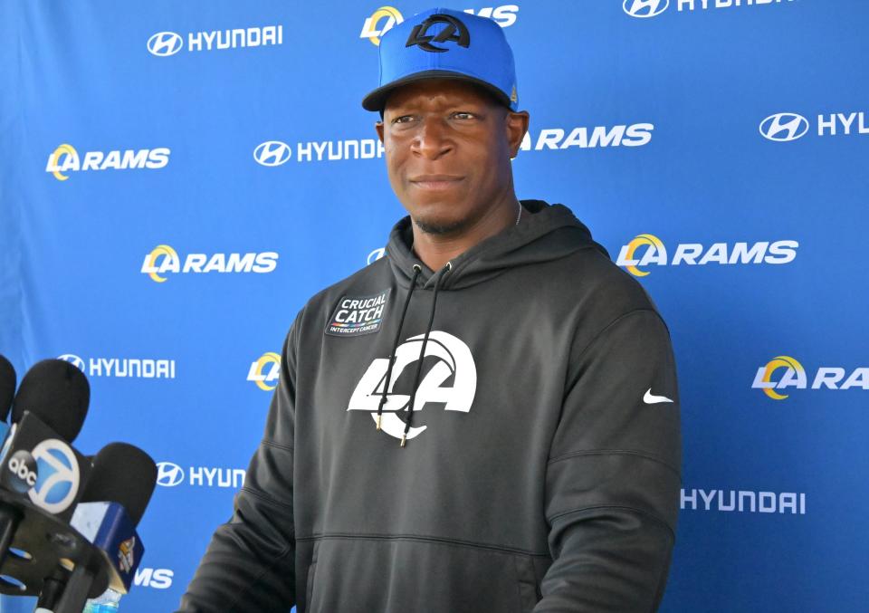 THOUSAND OAKS, CA - JUNE 8: Defensive coordinator Raheem Morris of the Los Angeles Rams answers questions from the media following mini camp on June 8, 2022 at the team's facility at California Lutheran University in Thousand Oaks, California. (Photo by Jayne Kamin-Oncea/Getty Images)