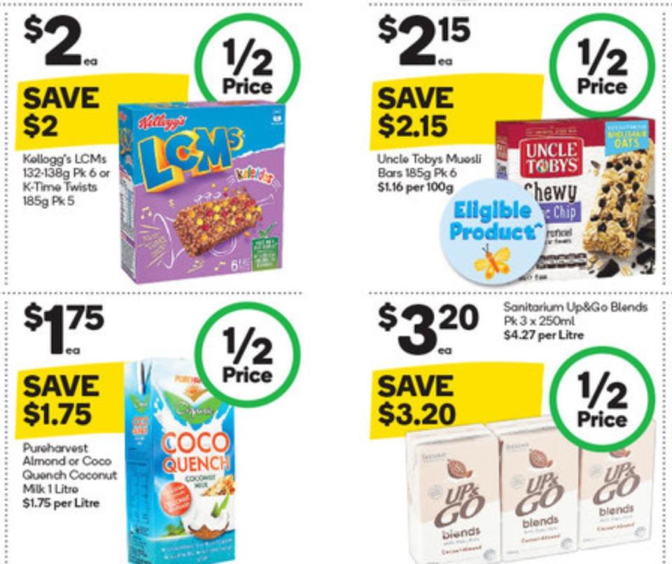 Cereal bars, muesli bars, coconut milk and breakfast drinks selling for half-price at Woolworths.