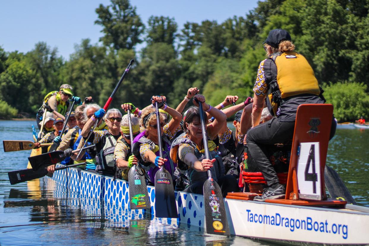 A team pushes away from the dock in the dragon boat races, part of the World Beat Festival, on the Willamette River at Riverfront Park in Salem on Saturday, June 24, 2023.