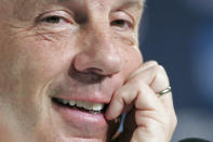 FILE - North Carolina coach Roy Williams looks on during a news conference at the NCAA Syracuse Regional tournament at the Charlotte Coliseum in Charlotte, N.C., in this Saturday, March 19, 2005, file photo. North Carolina announced Thursday, April 1, 2021, that Hall of Fame basketball coach Roy Williams is retiring after a 33-year career that includes three national championships. (AP Photo/David J. Phillip, File)