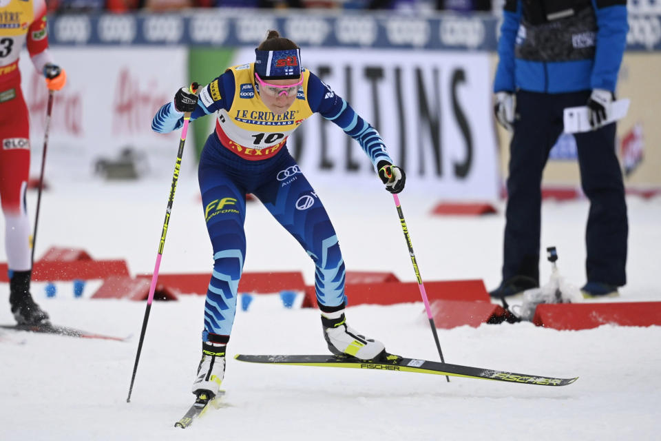 FILE - Norway's Anne Kjersti Kalvaa competes during a women's cross country skiing freestyle 10 km pursuit competition at the FIS World Cup Ruka Nordic event in Kuusamo, Finland, on Nov. 29, 2020. Two members of Norway’s women’s cross-country team, Heidi Weng and Anne Kjersti Kalvaa, have tested positive for the coronavirus ahead of next month's Beijing Olympics. They contracted COVID-19 at a training camp in the Italian Alpine resort of Seiser Alm and are now isolating. (Emmi Korhonen/Lehtikuva via AP, File)