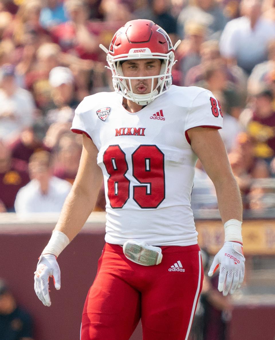 Sep 11, 2021; Minneapolis, Minnesota, USA; Miami (OH) RedHawks tight end Jack Coldiron (89) in a game against Minnesota Golden Gophers at Huntington Bank Stadium.