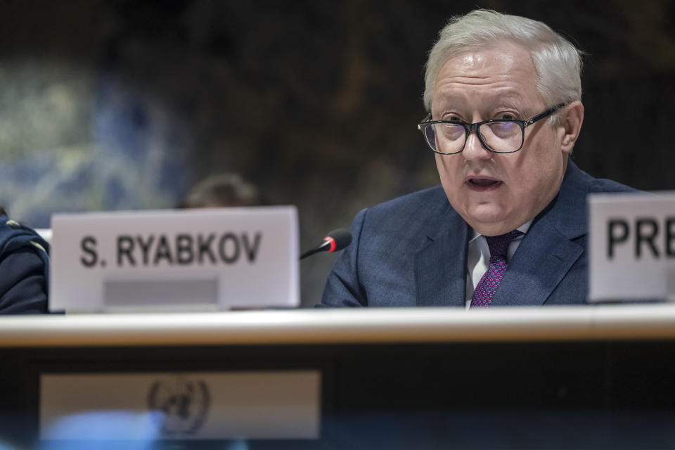 Russian Deputy Minister of Foreign Affairs Sergei Ryabkov delivers his speech during a session of the Conference on Disarmament at the European headquarters of the United Nations in Geneva, Switzerland, Thursday, March 2, 2023. (Martial Trezzini/Keystone via AP)