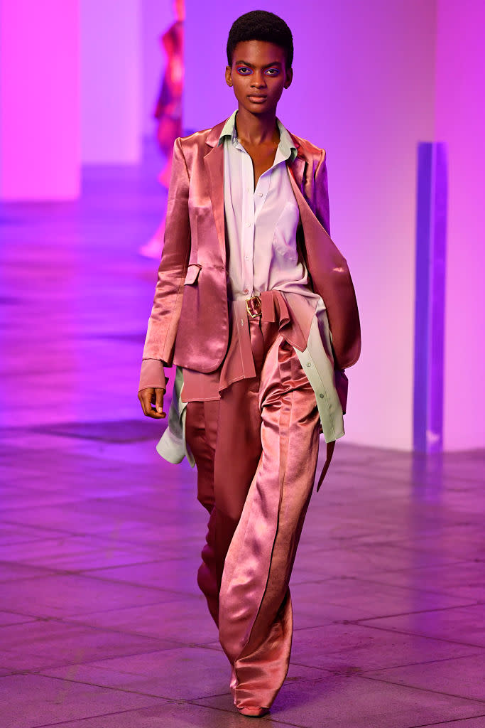 <p>Model wears a pastel pink pantsuit at the fall 2018 Sies Marjan show. (Photo: Getty Images) </p>