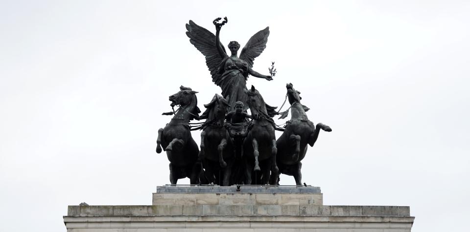 Daily life around Mayfair on February 03, 2016 in London, England. Around the famous Wellington Arch, The Queen's Life Guards travel across the heart of Hyde Park Corner; Burlington Arcade one of the famous shopping areas, Saville Row where suits are sold and Floris where famous perfumes are made.