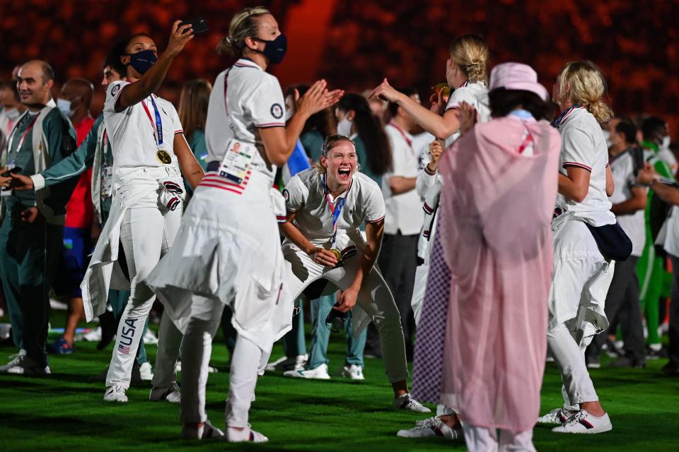 USA's athletes celebrate during the closing ceremony of the Tokyo 2020 Olympic Games, at the Olympic Stadium, in Tokyo, on August 8, 2021. (Photo by Daniel LEAL-OLIVAS / AFP) (Photo by DANIEL LEAL-OLIVAS/AFP via Getty Images)