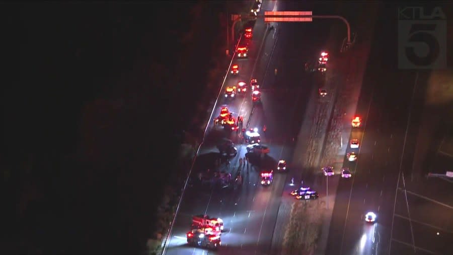 Eight firefighters were hospitalized following a rollover accident on a freeway in Irvine on September 19, 2024. (KTLA)