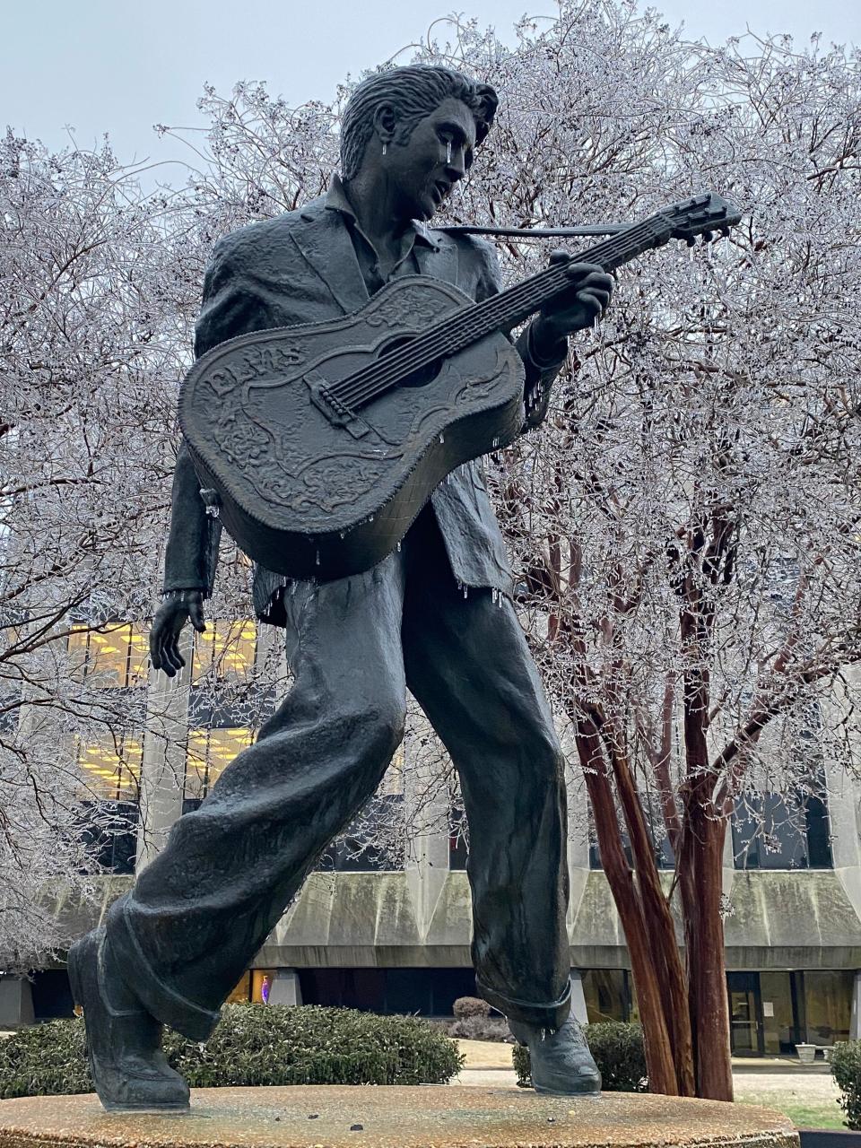 Ice blankets over Memphis and the Mid-South on Tuesday, Jan. 31, 2023. Ice covers statues in Downtown like the Elvis statue on Beale Street.