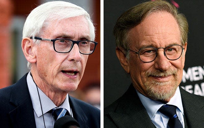 Gov. Tony Evers, left, and filmmaker Steven Spielberg