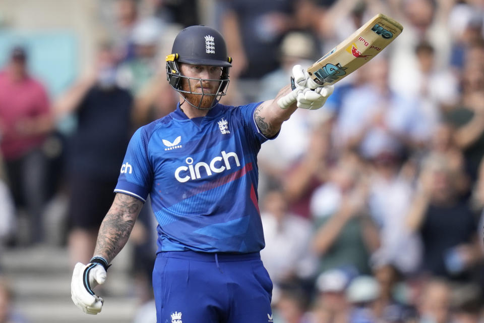 England's Ben Stokes celebrates scoring 150 runs during the One Day International cricket match between England and New Zealand at The Oval cricket ground in London, Wednesday, Sept. 13, 2023. (AP Photo/Kirsty Wigglesworth)