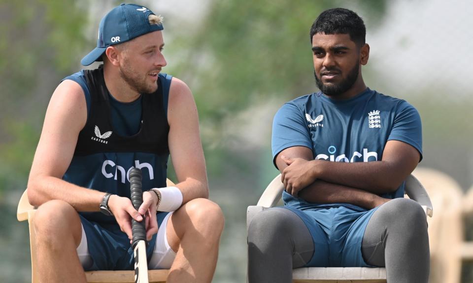 <span>Rehan Ahmed (right) with Ollie Robinson during a net session in Rajkot.</span><span>Photograph: Gareth Copley/Getty Images</span>
