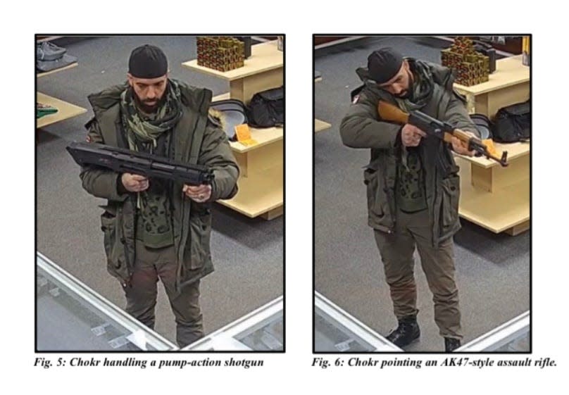 Hassan Chokr, 35, of Dearborn, is seen trying out a shotgun and AK47-style assault rifle at Dearborn Outdoors, a gun store in Dearborn, on December 2, 2022. Prosecutors said he visited the store to attempt to buy guns after he drove that morning to a synagogue in Bloomfield Township, yelling at Jewish children and parents. He has been charged by both county and federal prosecutors.